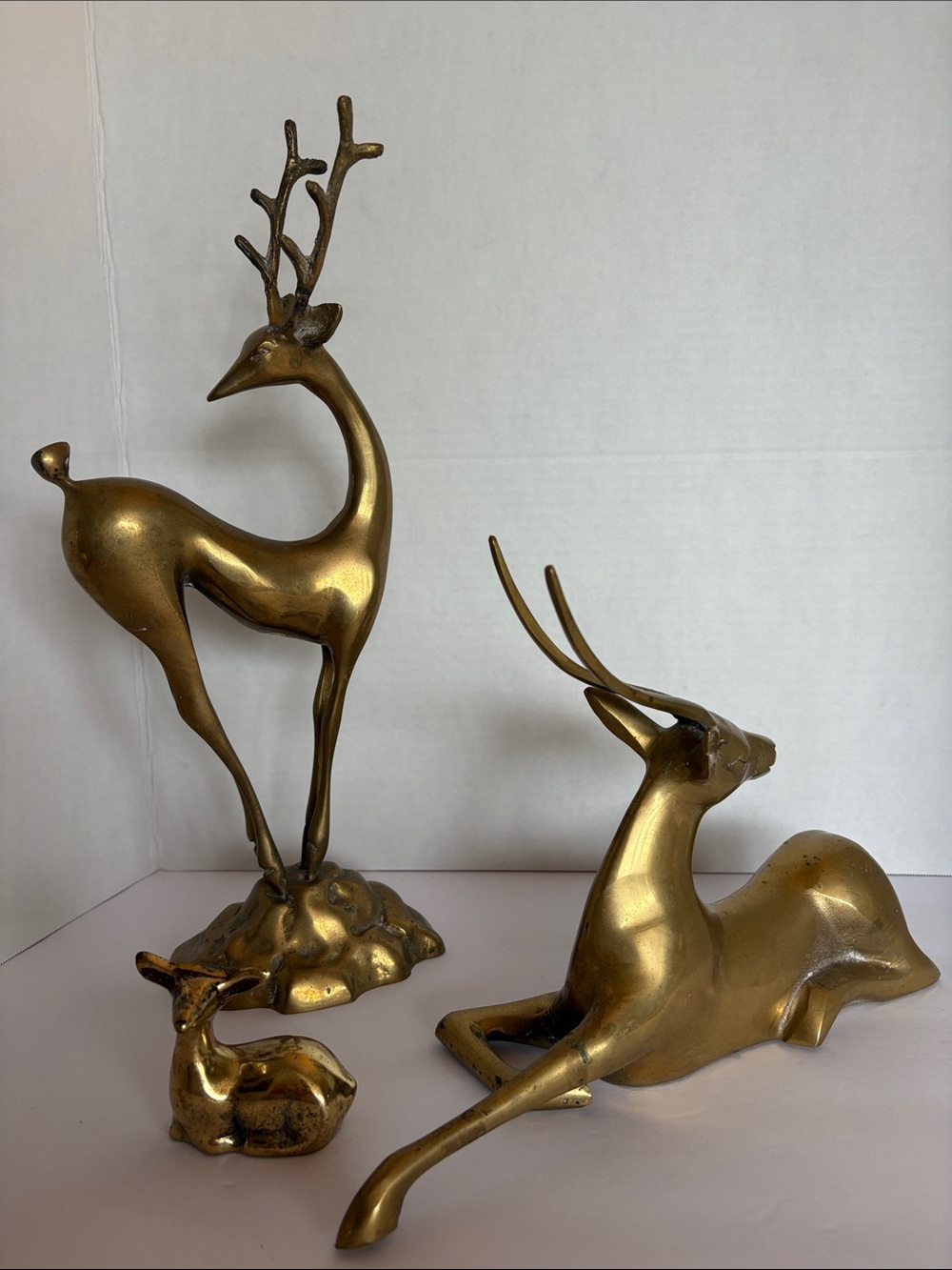 Rare VTG  Brass Deer Family Trio - Heavy Solid Brass MCM Holiday Holiday Decor